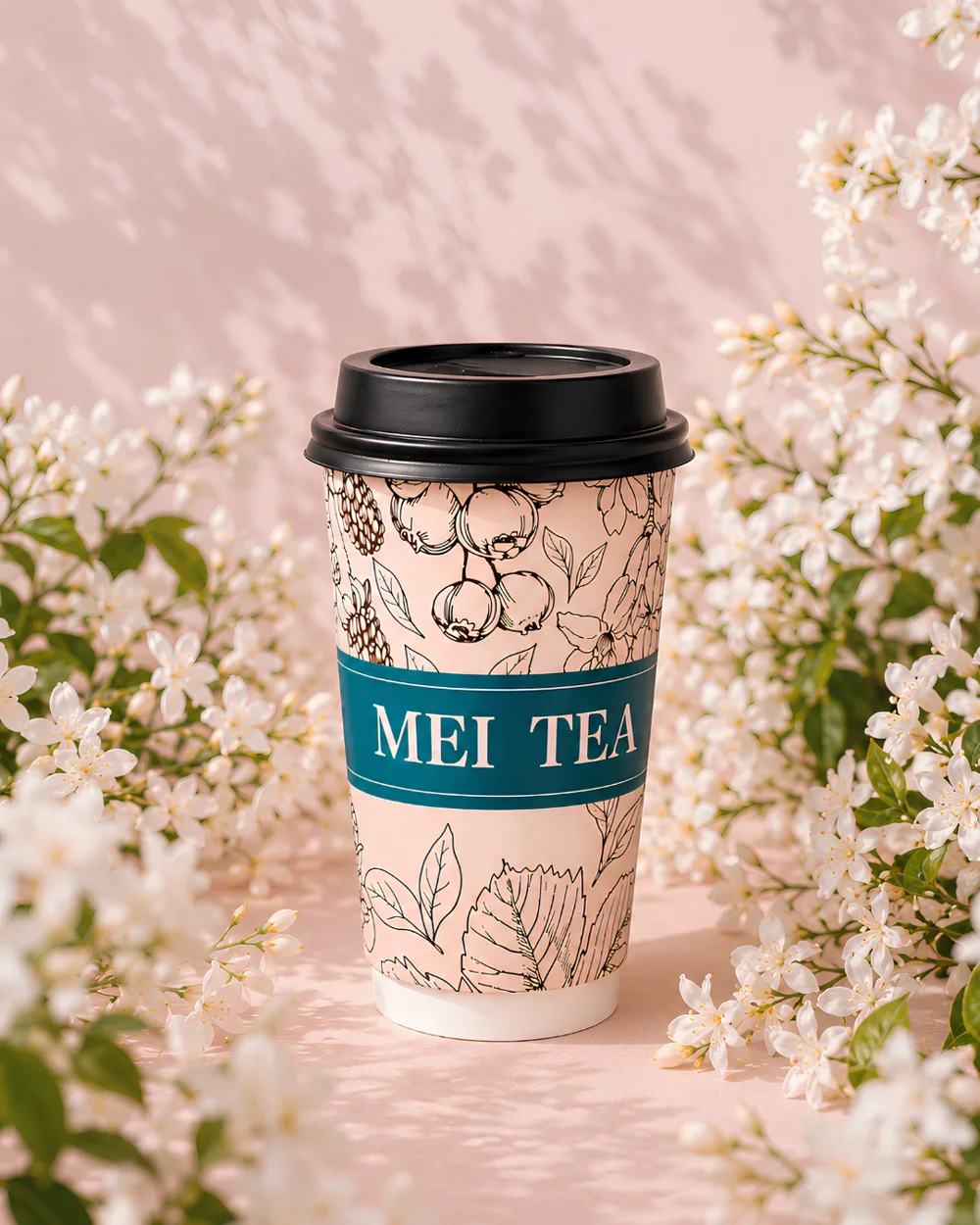 花に囲まれたMEI TEAのカップ