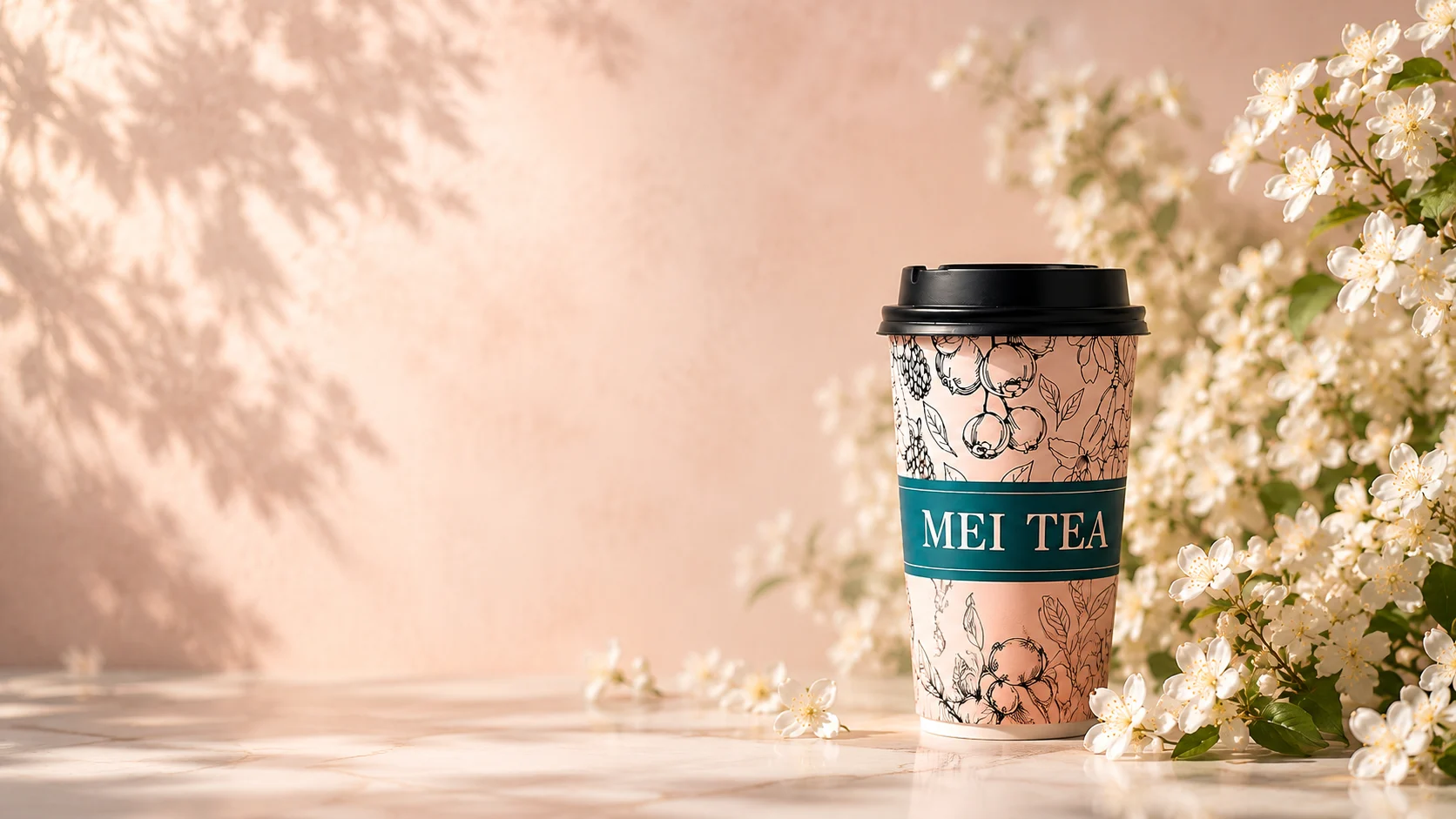 MEI TEAのカップとジャスミンの花